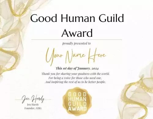 Image of Good Human Guild Award Certificate - white background with gold writing