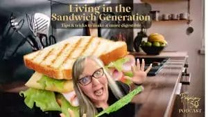 living in the sandwich generation logo with a picture of Jen Hardy in the middle of a sandwich, trying to get out