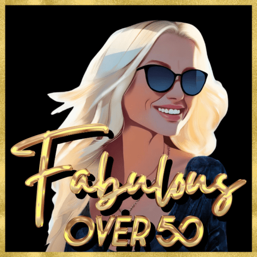 Logo for Fabulous Over 50 Podcast. Black with cartoon image of woman and gold letters