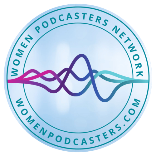 WOMEN PODCASTERS LOGO, BLUE WITH SOUNDWAVE
